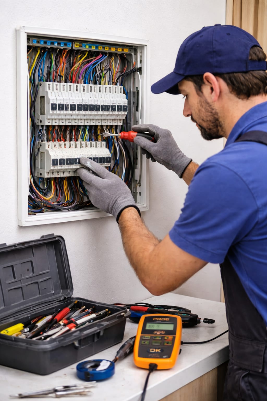 Auditório corporativo recebendo manutenção elétrica