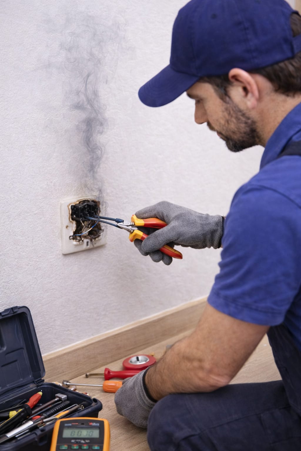 Profissional organizando quadro e fiação residencial