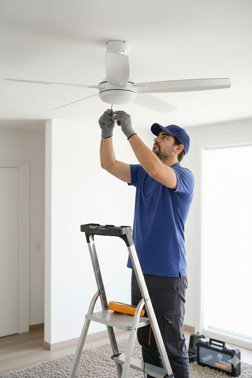 Instalação de ventilador de teto em sala moderna